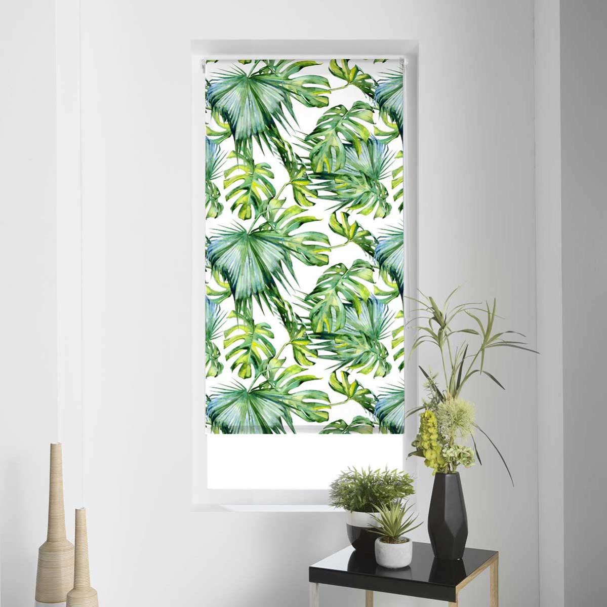 Store Enrouleur Tamisant Imprimé "feuilles Vertes Exotiques