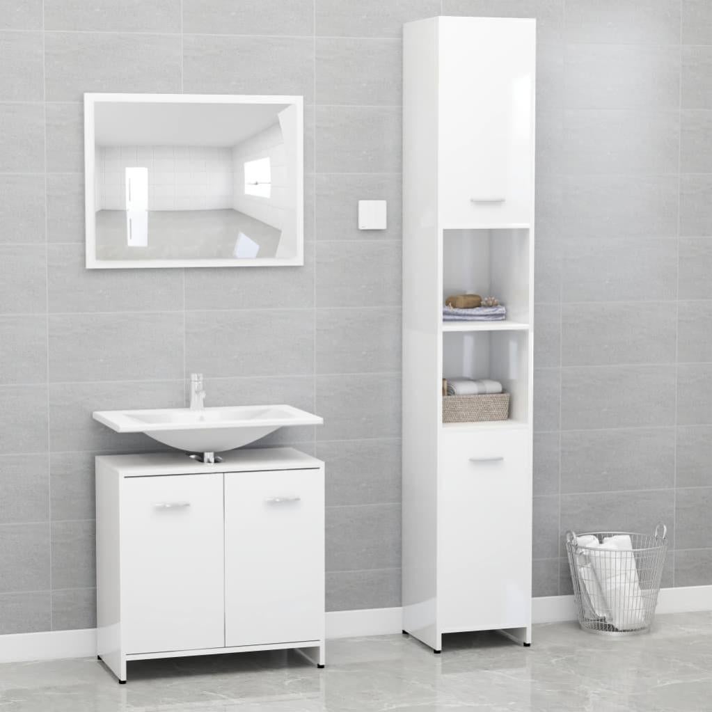 Set Mobili Bagno 4 Pezzi Bianco In Truciolato - Mobile Alto, Medio, Sottolavabo E Specchio, Per Bagno Moderno E Ordinato
