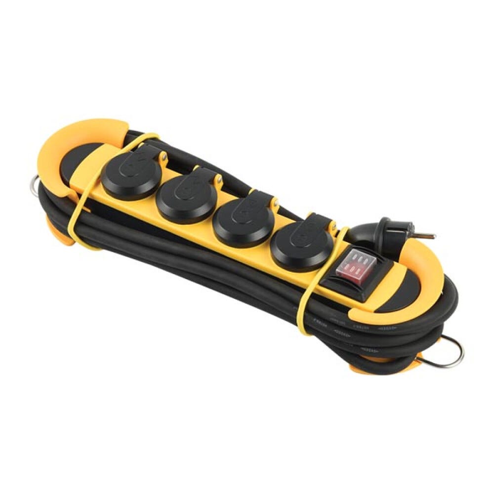 Perel Bloc multiprise, 4 clapets, 4 prises schuko (type F), enrouleur de  câble, crochet, 3 m, 3G1.5, usage intérieur et extérieur, noir/jaune