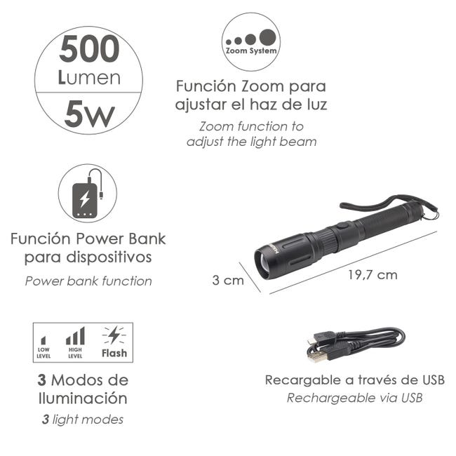 Linterna LED Recargable USB Alta Potencia con ZOOM, Mini Linterna