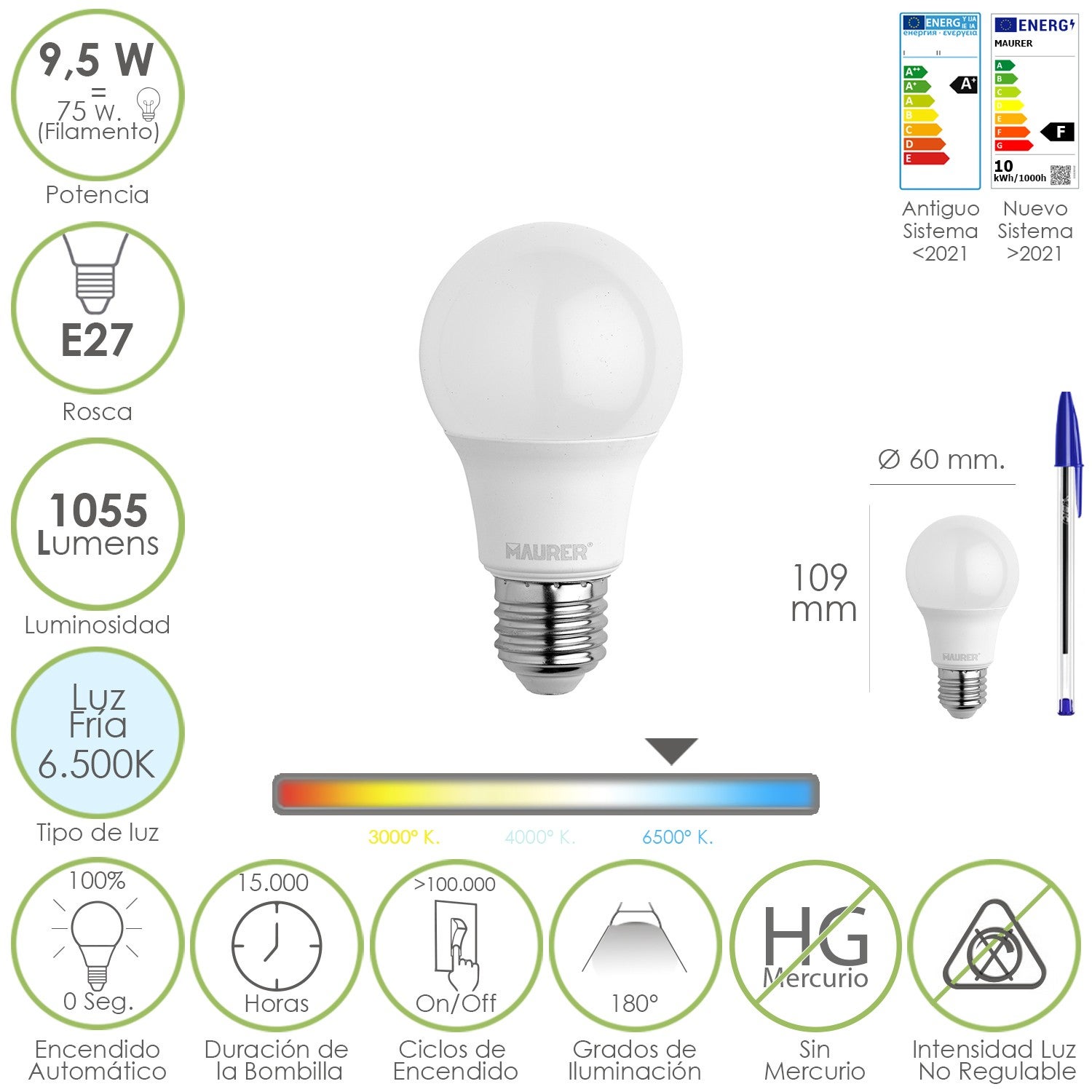 LAMPADA LED GOCCIA E27 9,5 W 1055 LM 6500 K LUCE FREDDA - MAURER