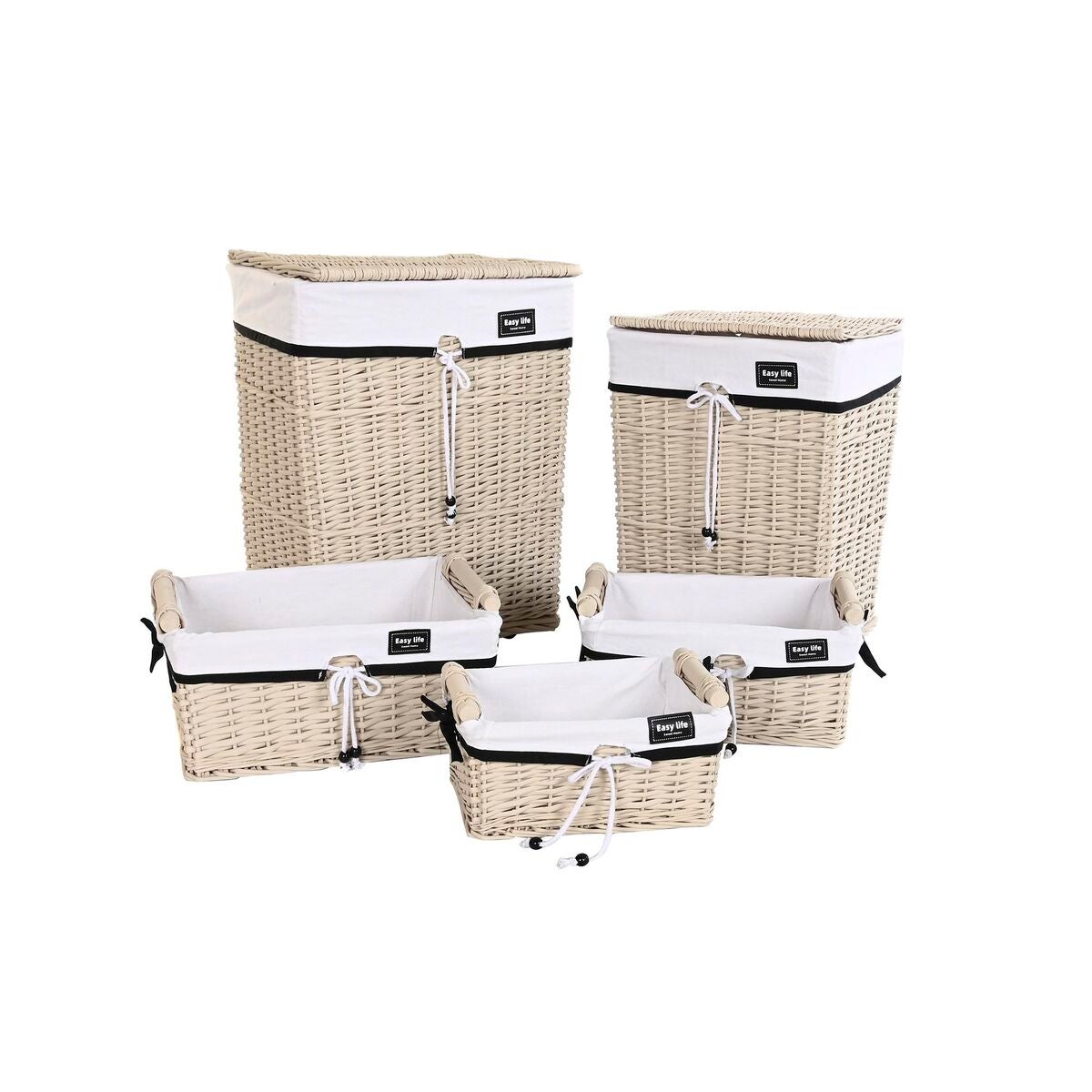 Cesto per i Panni Sporchi DKD Home Decor Bianco Set Poliestere Bambù (38 x  38 x 60 cm) (3 Pezzi)