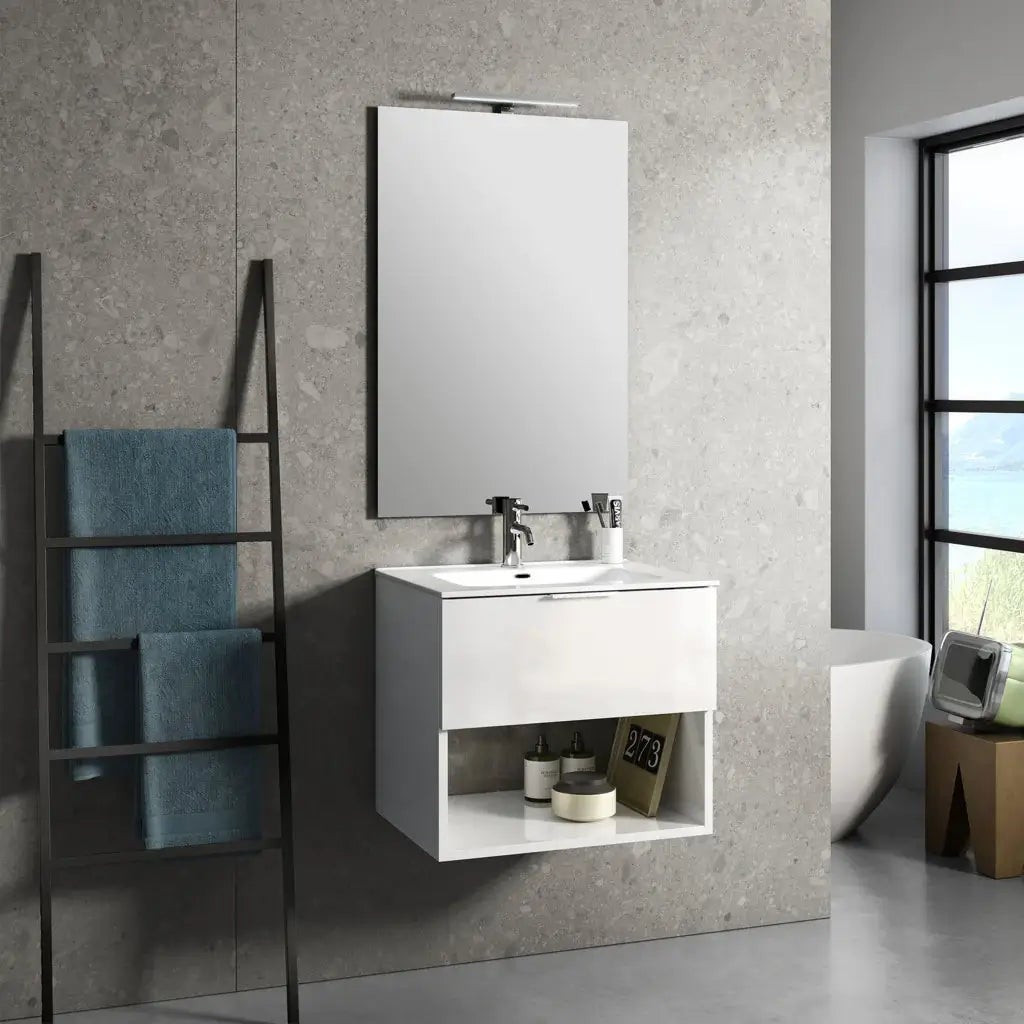 Mobile bagno sospeso 60 cm profondità 42 cm bianco lucido con specchio e  mensola - Ready