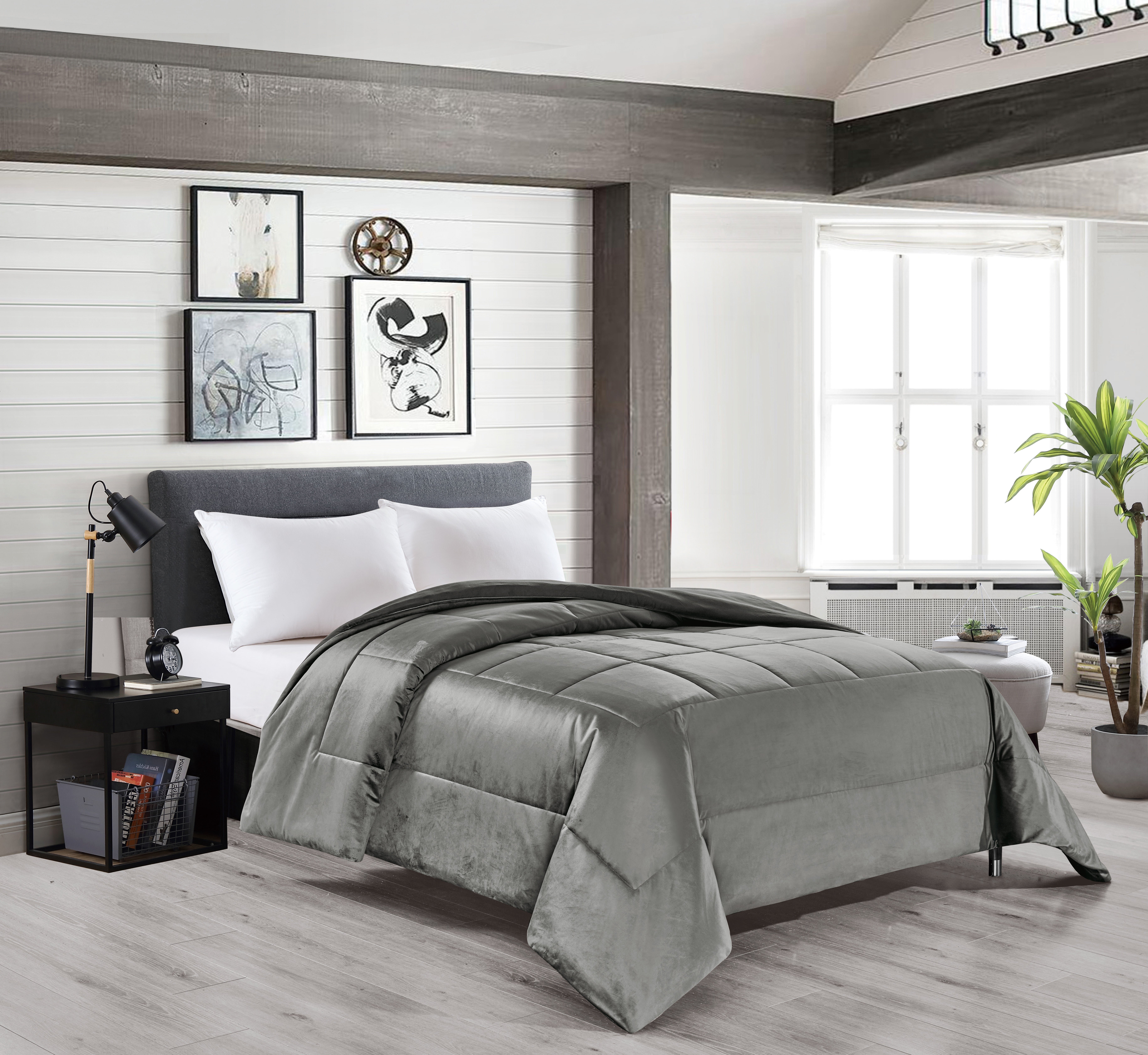 Edredón de terciopelo de invierno de 300 gr/mq hipoalergénico transpirable. edredón de microfibra aterciopelado con forro interior - gris 250x250cm