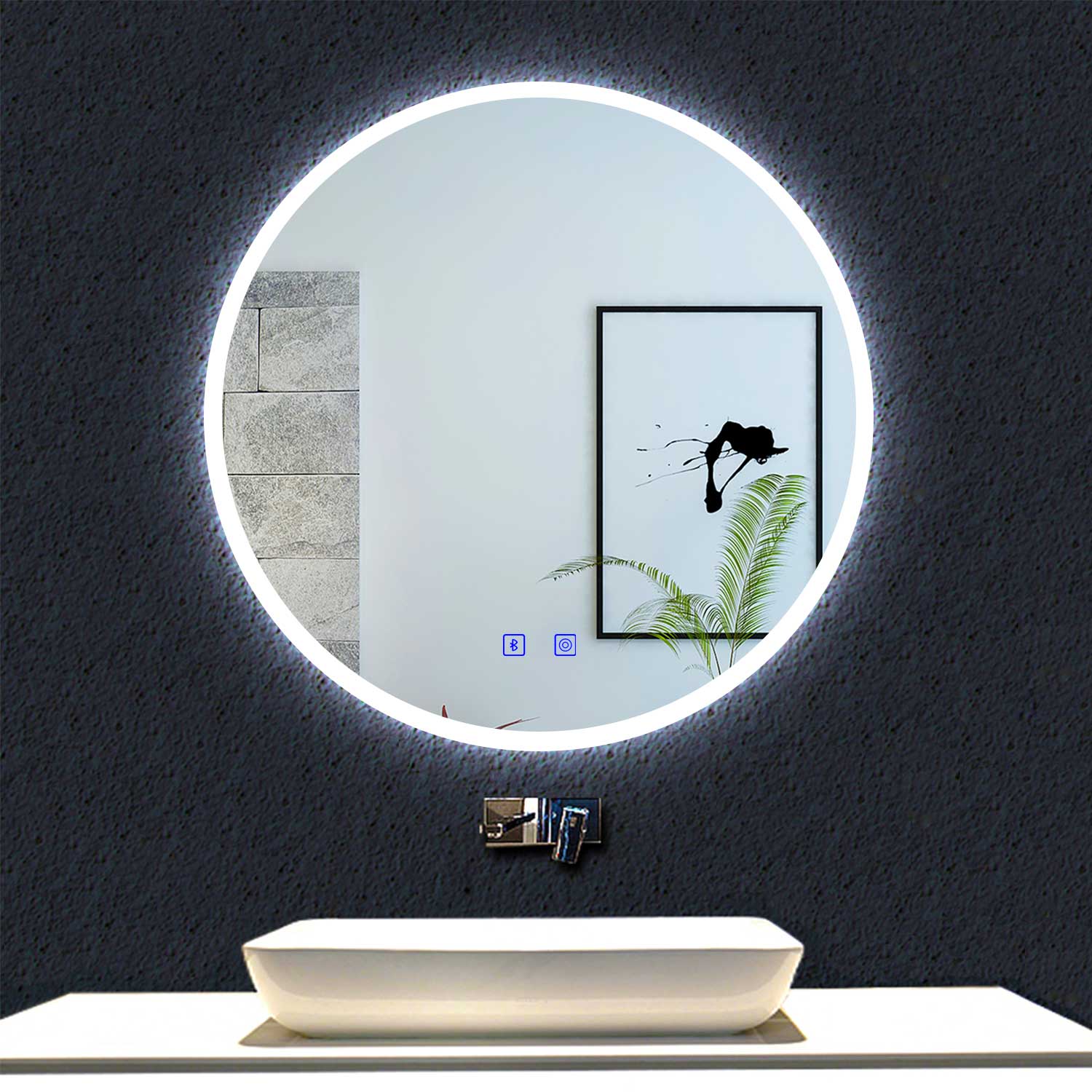 70 x 70 cm Espejo Baño Bluetooth Redondo con Temperatura Ajustable LED,  Espejo con Dos botón táctil