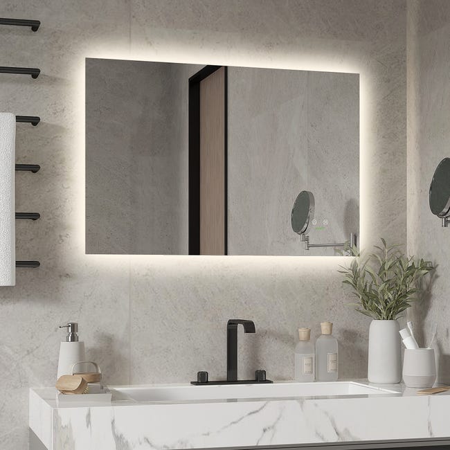 Espejo de baño con luz LED de pared kleankin 90x60x3,2 cm plata