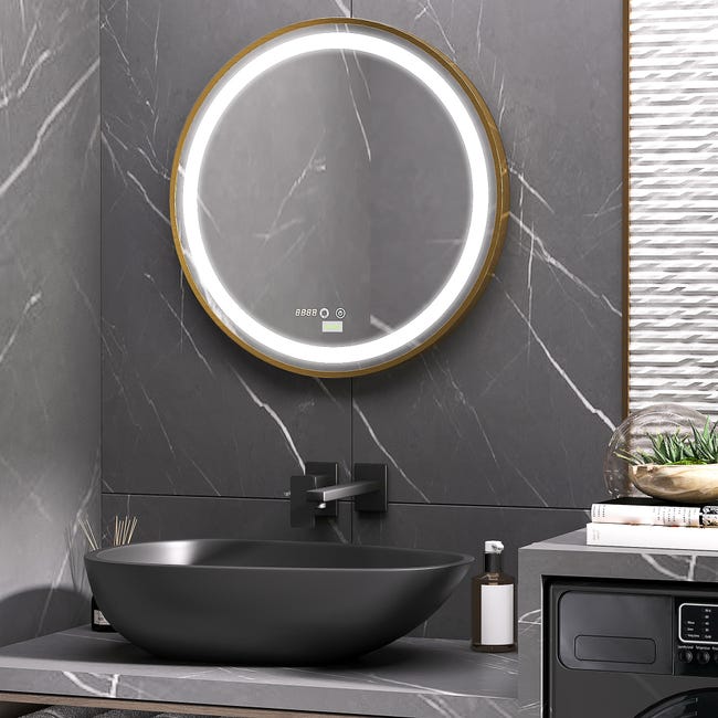 Espejo de baño con luz LED kleankin 60x60x4 cm dorado_834-393