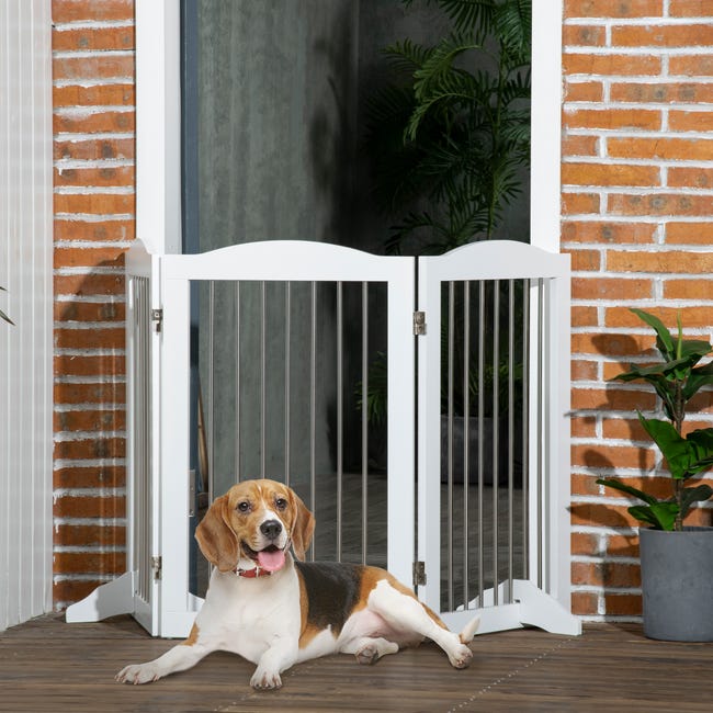 PawHut barrera de seguridad plegable para perros pequeños rejilla de  protección de 3 paneles mascotas para puertas escaleras pasillos  154,5x29,5x61 cm