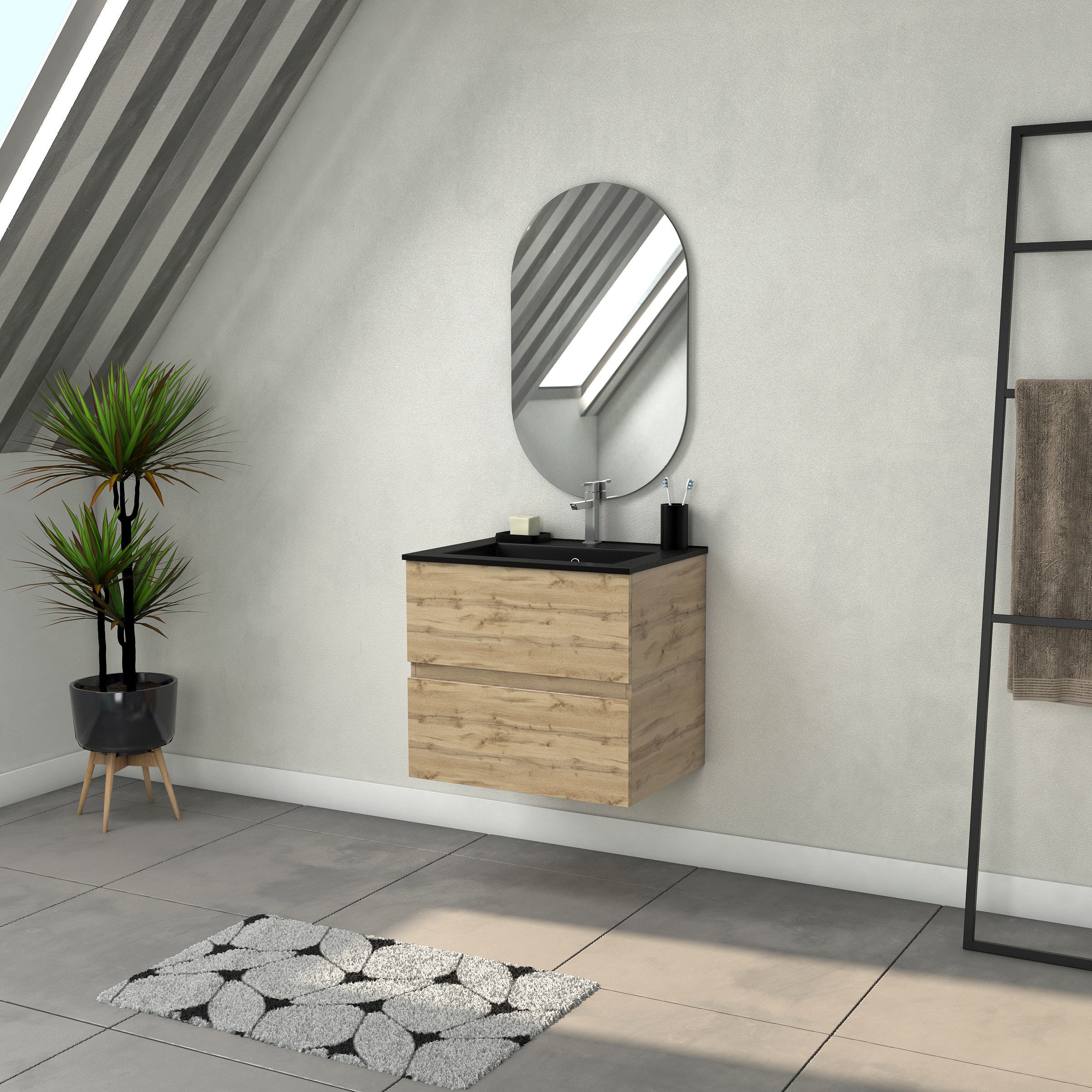 Meuble en bois 60cm - vasque - miroir applique LED - Ready - AURLANE