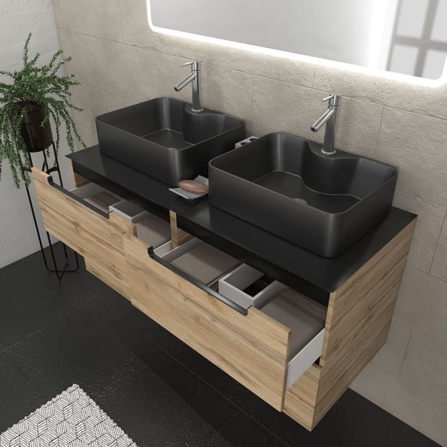 Mueble de baño 120cm Roble y Negro, Lavabos rectangulares y espejo