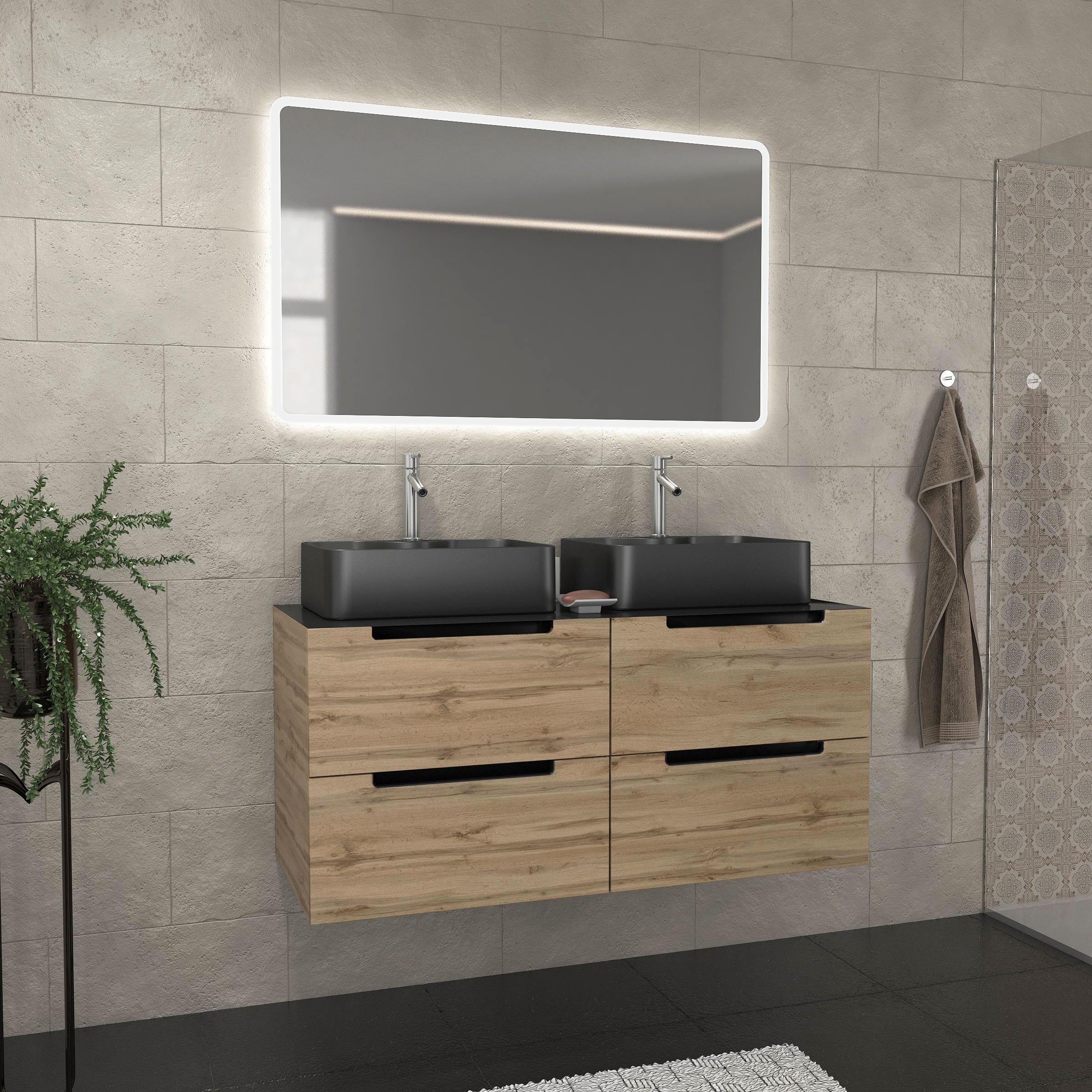 Mueble de baño 80 cm 2 cajones - Roble y negro - Lavabo redondo - Espejo  negro Led - OMEGA