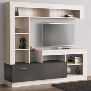 Parete attrezzata da salotto, Mobile porta TV con base e pensili, Soggiorno  moderno, Made in Italy, cm 270x92xh34, colore Bianco