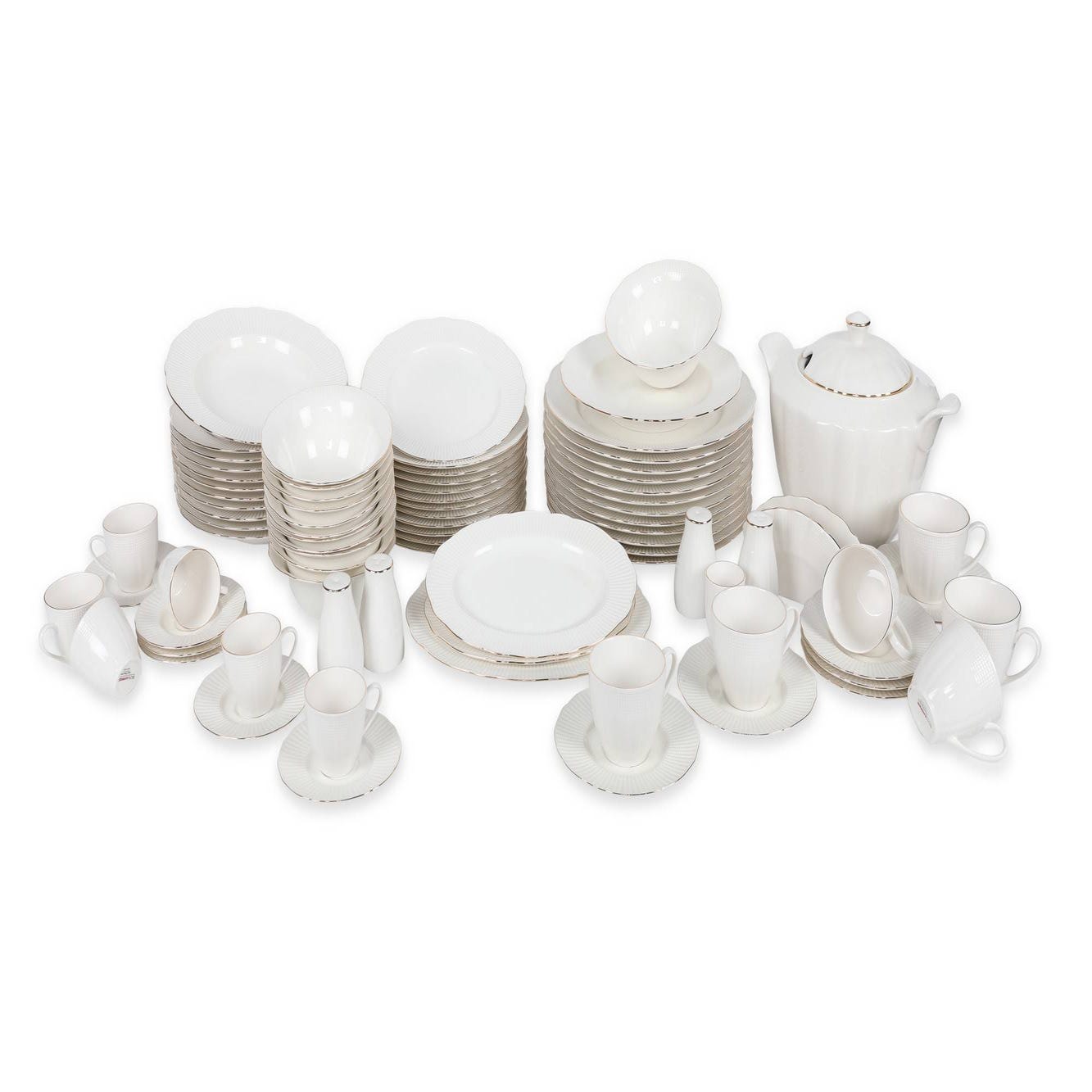 Service de table complet 83 pièces Barry 100% Porcelaine Blanc liseré Argent