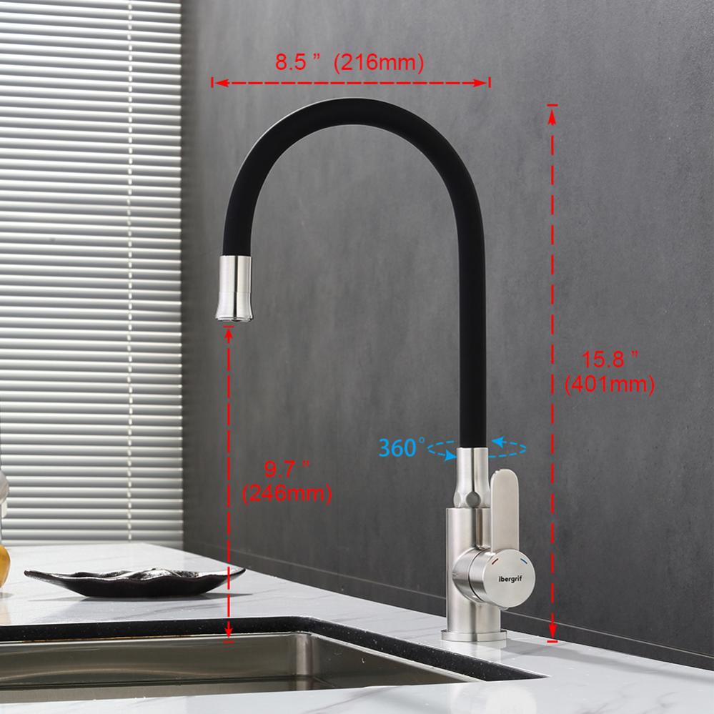 Grifo De Cocina Negro De Acero Inoxidable Con Caño Flexible - Giratorio 360°, Monomando, Fácil Instalación