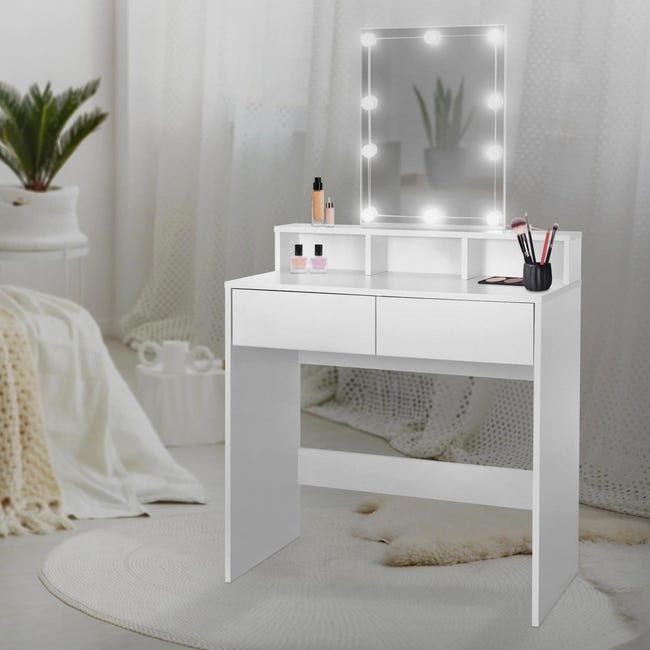 Coiffeuse avec Miroir LED, Table Meuble de Maquillage avec 2