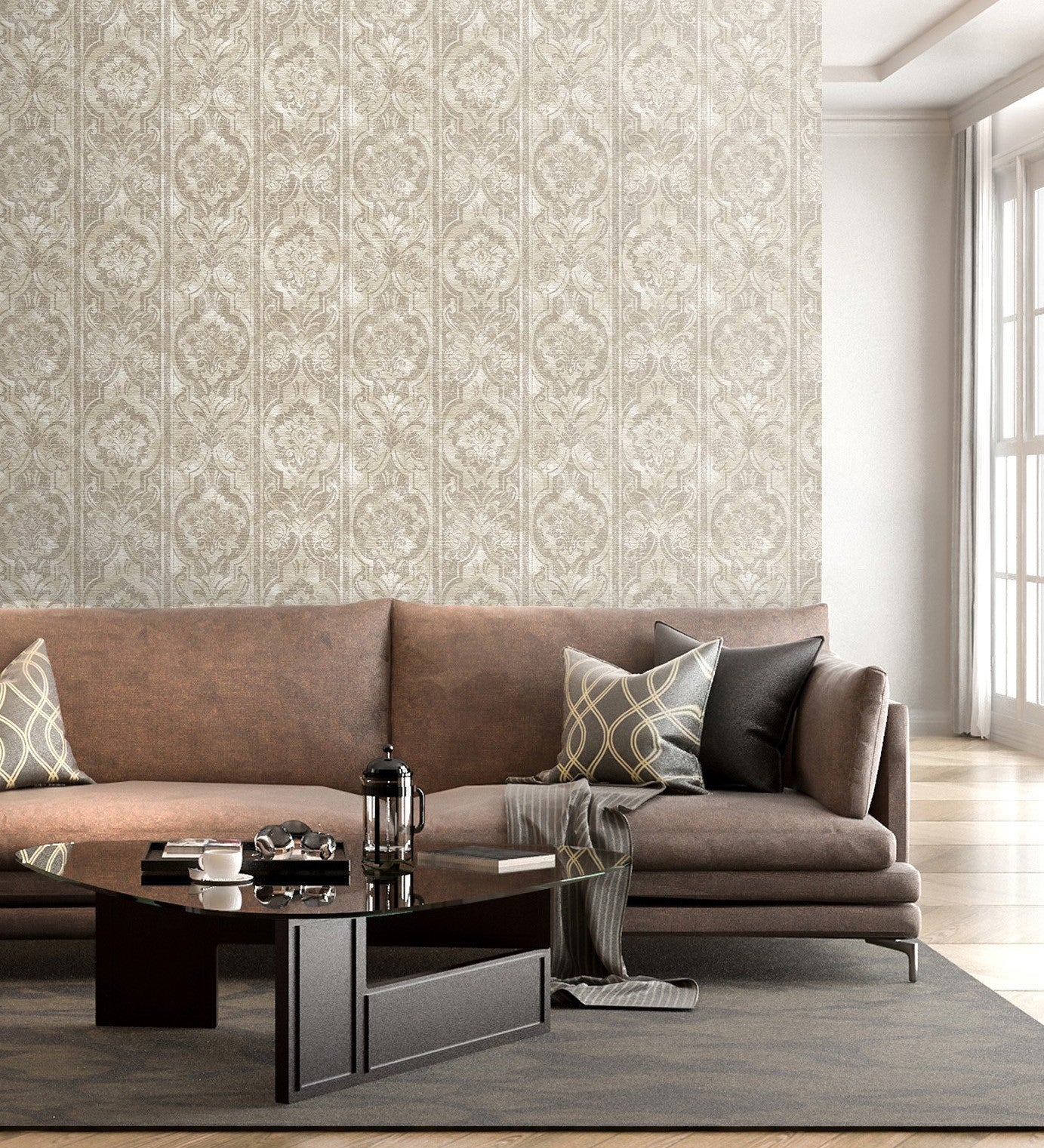 Carta da parati in vinile vittoriana su stucco beige con texture in rilievo  - Neptune Stone 676364 di GAULAN - Rotolo di 10 m x 1,06 m