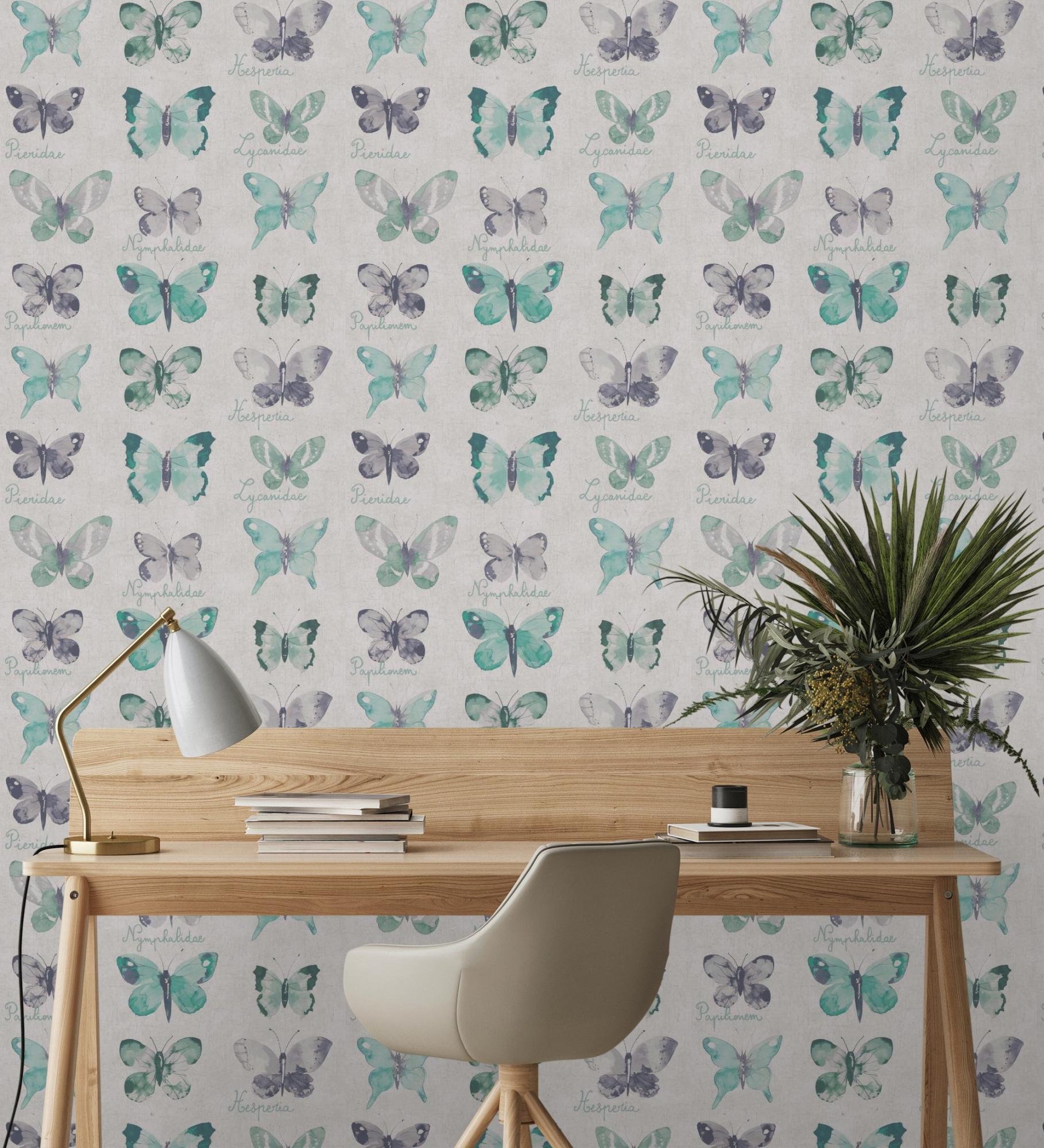 Muestra din a4 de papel pintado vinílico de mariposas vintage verde turquesa con textura de pergamino - papilio 341954 de gaulan