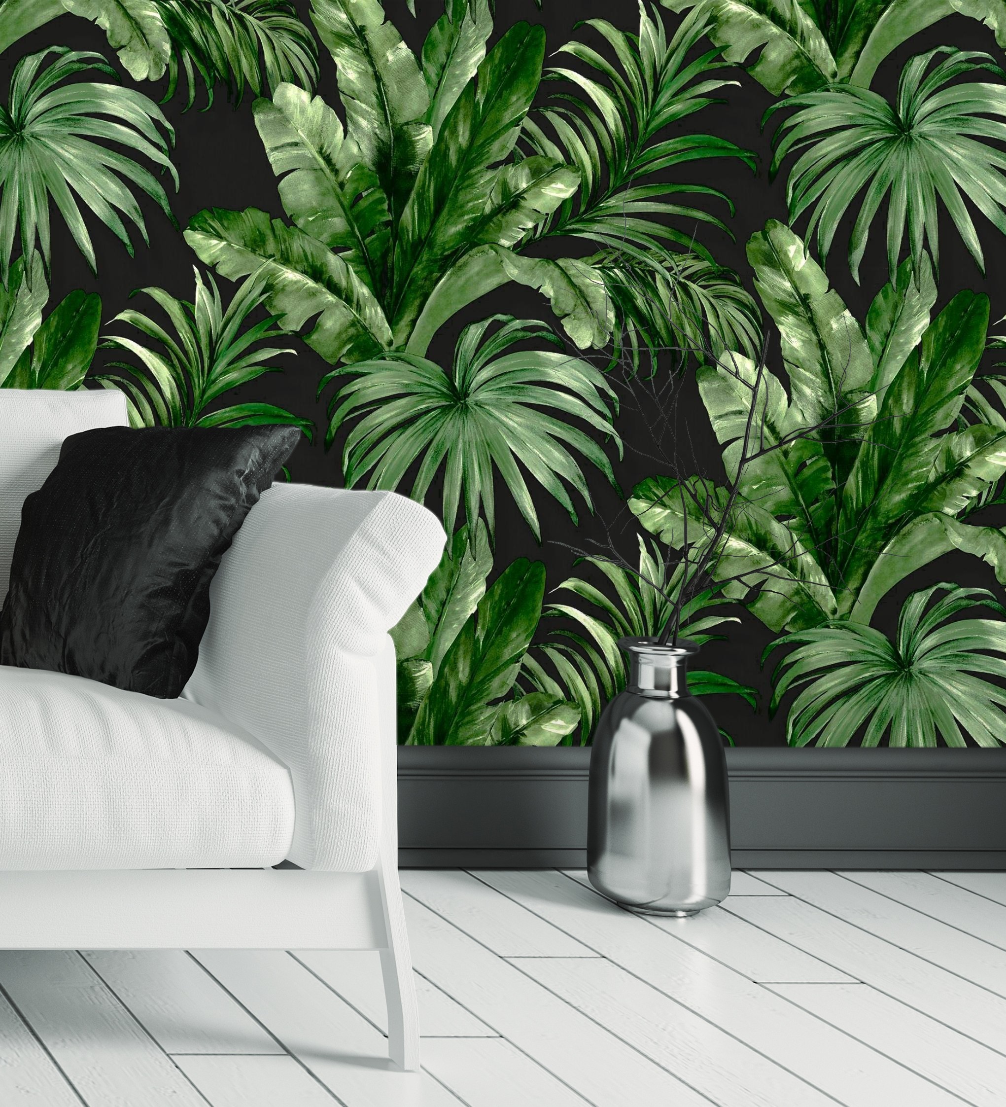 Muestra DIN A4 de Papel pintado lavable tropical de hojas de palmera y  platanero fondo blanco - Maldivas Tropical 680937 de GAULAN