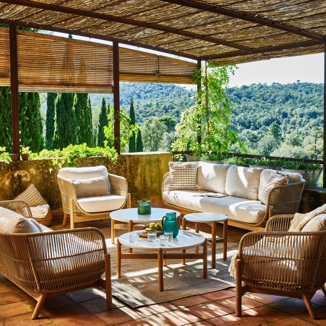 Salon de jardin 4 places en bois et corde beige + table - Sicilia