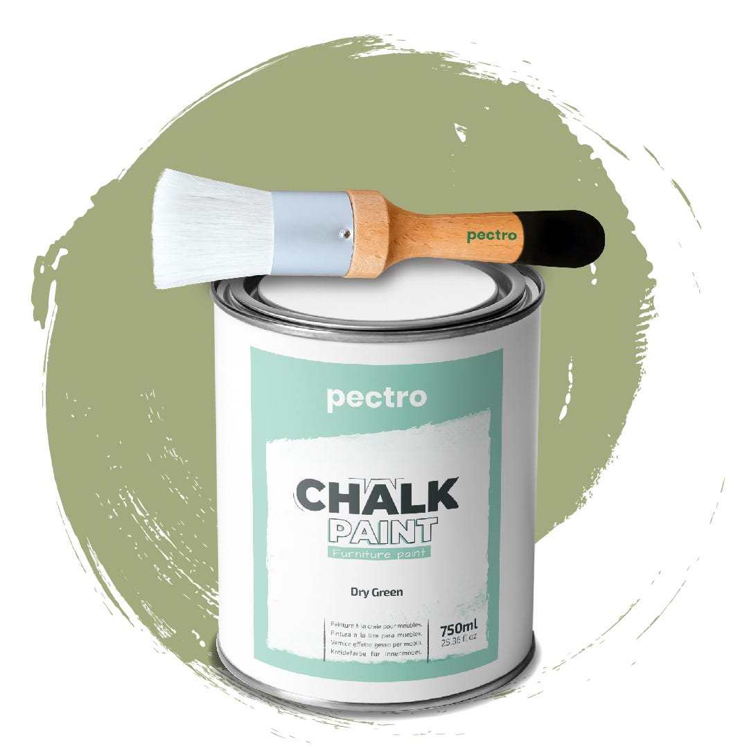 Chalk Paint Vernice a Gesso VERDE SECCO 750ml + Pennello Tondo in Legno  Pack