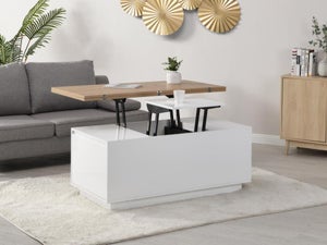 Table Lauria Extensible Et Relevable - Blanc Laqué MDF - 2 En 1 (table Basse / Table à Manger)