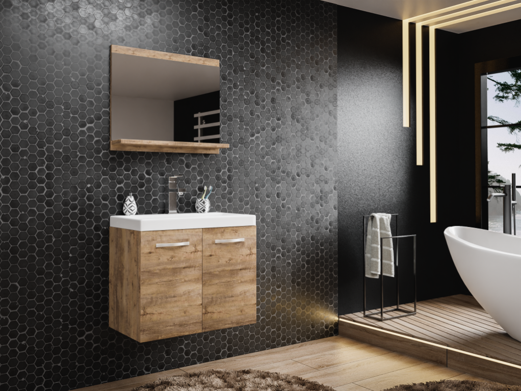 Meuble de salle de bain suspendu coloris naturel avec simple vasque et