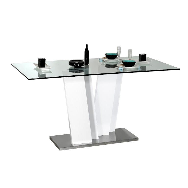Table à manger 8 couverts en verre trempé, MDF et acier inoxydable - Blanc  - MEZZO II