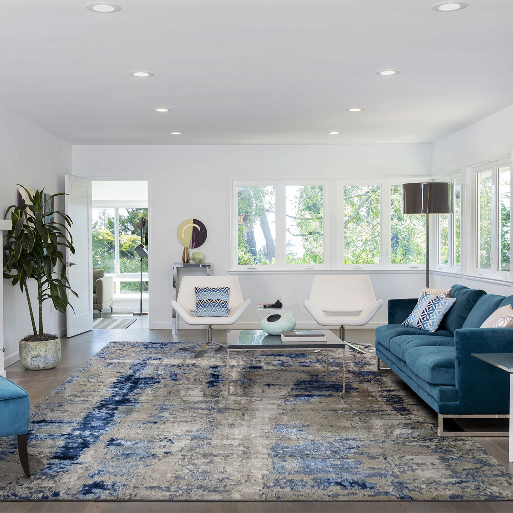 Hamid - ALPES 230x160cm - Tapis décoratif contemporain et moderne en laine  beige et bleu, pour salon, salle à manger, chambre