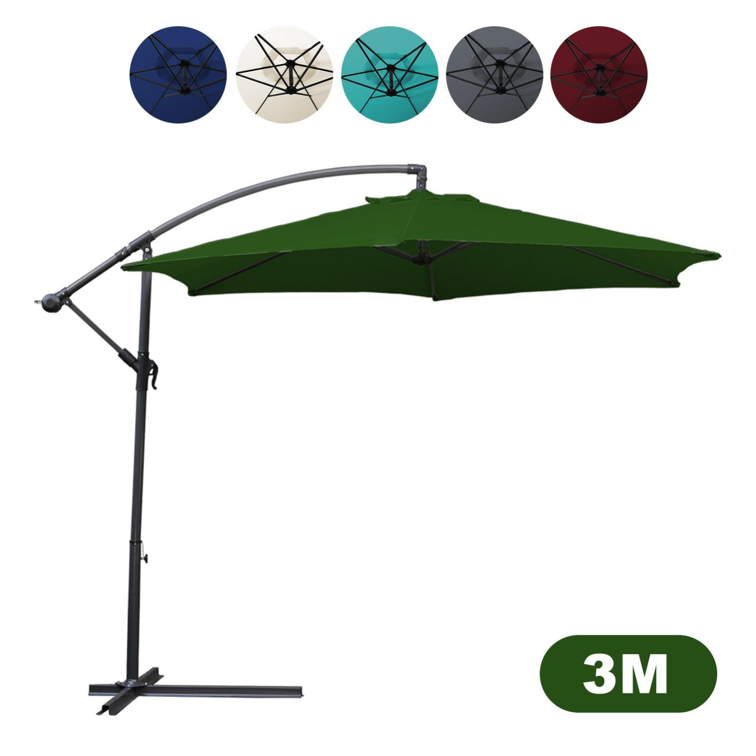 Parasol Déporté 3m Inclinable Avec 32 LEDs Solaires | Pied Et Sacs De Sable Inclus