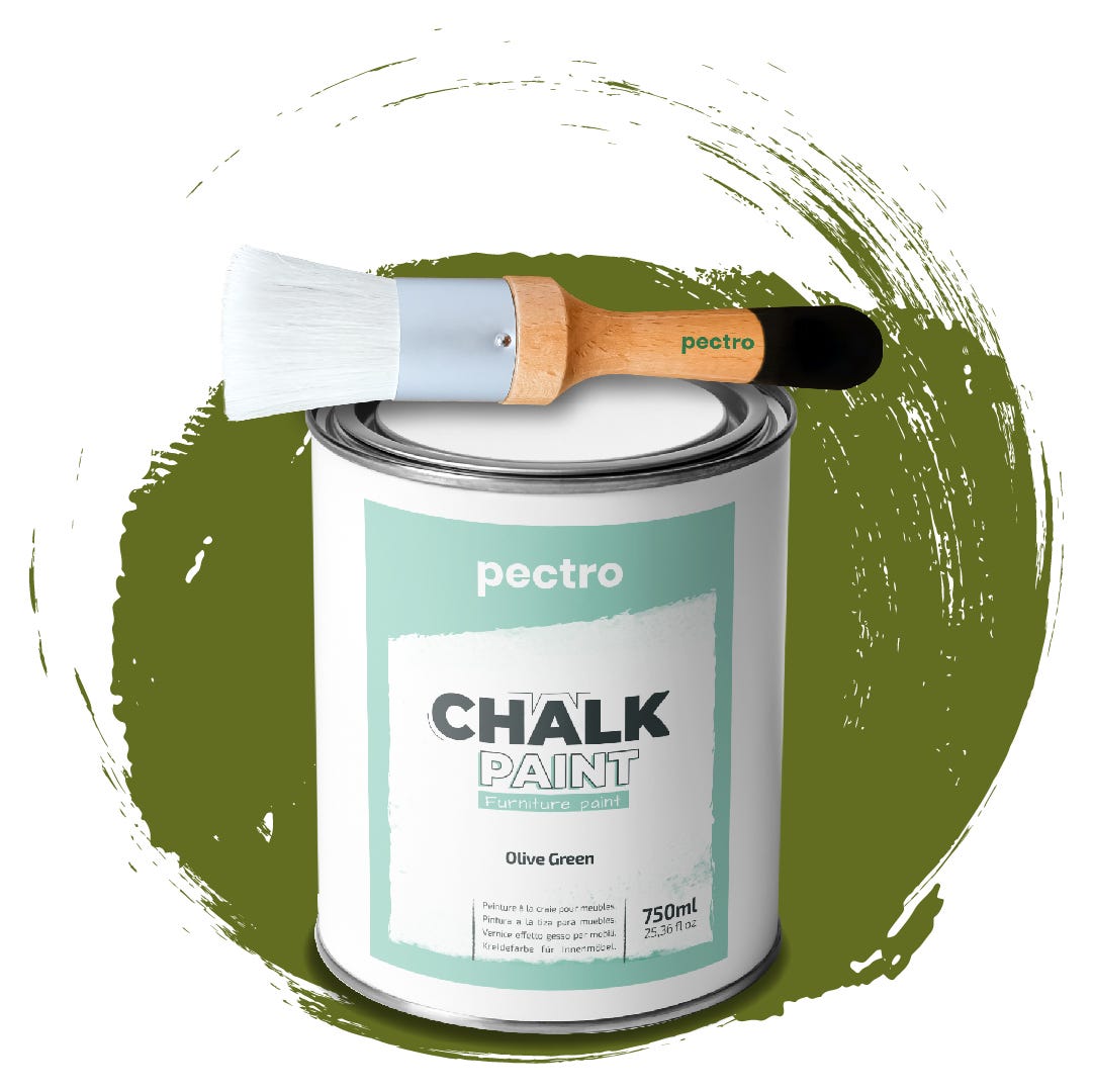 Chalk Paint Vernice a Gesso VERDE OLIVA 750ml + Pennello Tondo in Legno  Pack