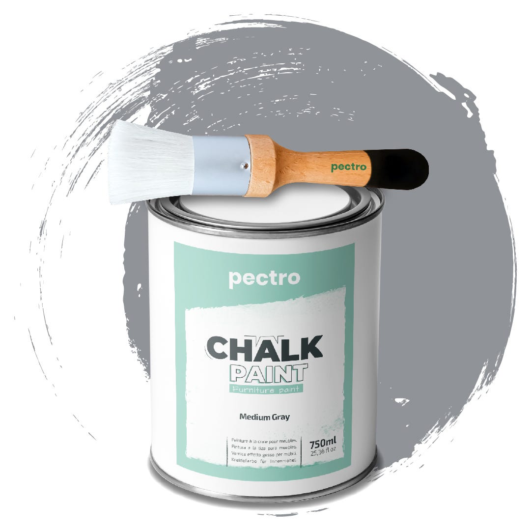 Pintura a la Tiza para Muebles GRIS MEDIO 750ml + Brocha de madera especial  Pack - Chalk Paint