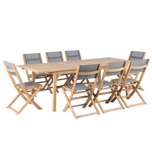 Ensemble table et chaises de jardin ENNA en bois d'eucalyptus blanchi 8 places 180-240 cm