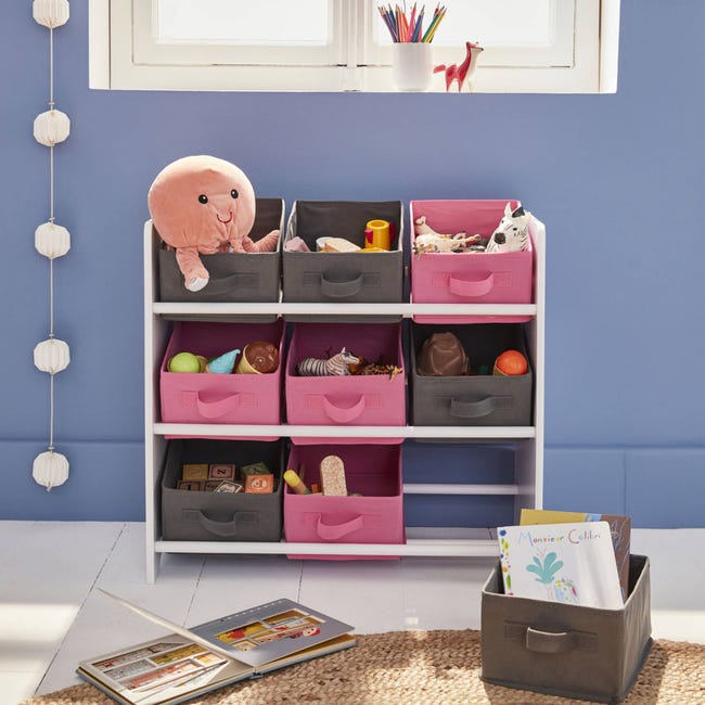 Mueble de almacenaje para niño, blanco - Camilo - con 3 y 9 cestas grises y rosas |