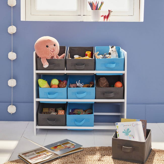 Mueble de almacenaje para niño, blanco - Camilo - con 3 estantes y 9 cestas  grises y azules