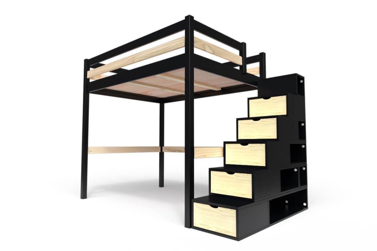 Lit Mezzanine bois avec escalier cube Sylvia 140x200 Multicouleur