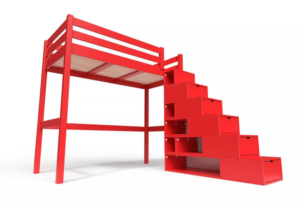 Lit Mezzanine bois avec escalier cube Sylvia 90x200 Rouge | Leroy Merlin