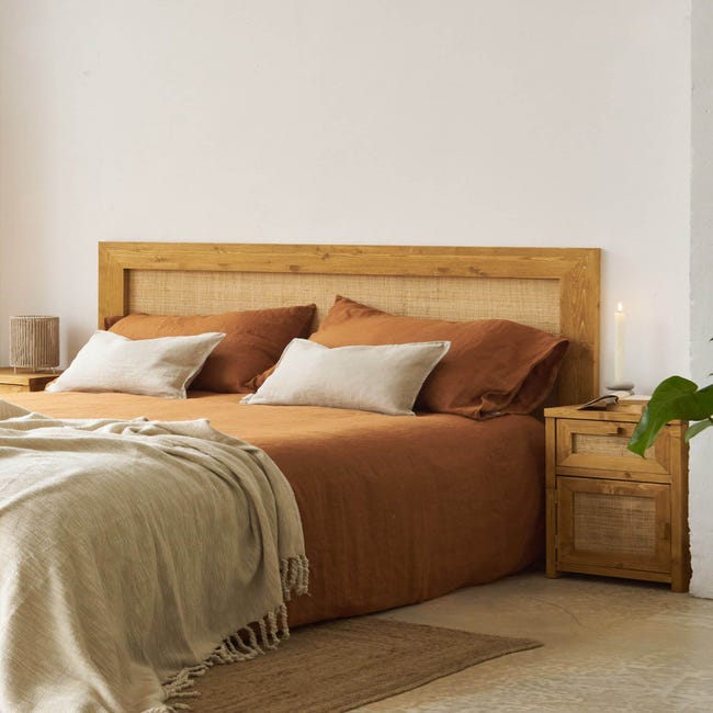 MARNIE Cabecero de cama de madera y rafia color marrón claro cama de 150 cm  HANNUN
