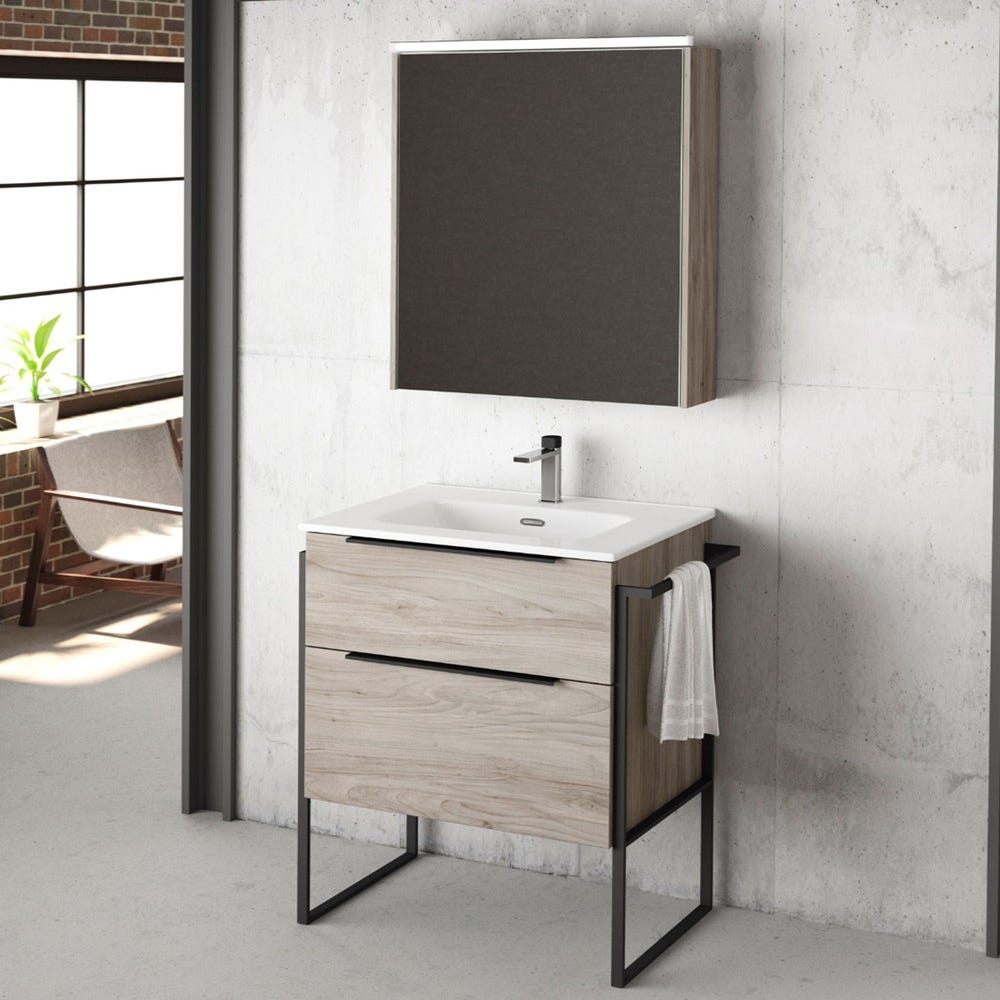 Conjunto de baño, mueble suspendido+espejo+lavabo BASIC pino blanco, 70 x  47 x