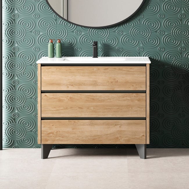 Mueble de Baño al Suelo con Lavabo Cerámico, 60 cm, 3 Cajones con Cierre  Amortiguado y Organizador, Roble Natural - Negro
