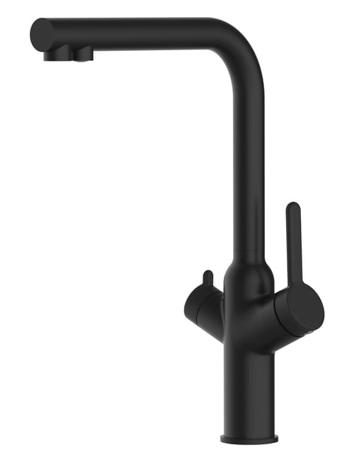 Grifo de cocina 3 vias negro mate con cano alto L giratorio 360 doble conducto para sistemas de filtro agua Leroy Merlin