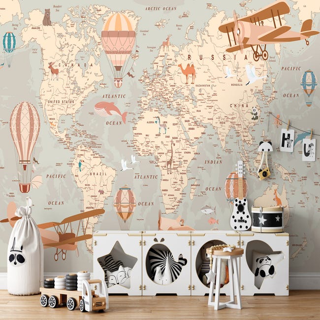 Carte du monde avec animaux - Papier peint mural pour enfants - Motif :  continent - Géant - Océan - 366 x 254 cm - Décoration murale - Poster géant  en
