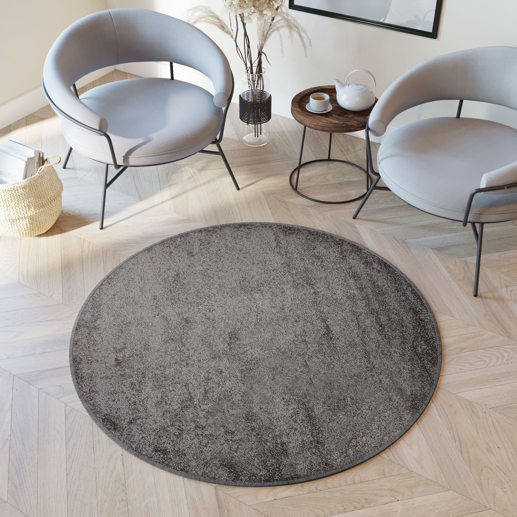 TAPISO Delhi Rond Tapis Salon Descente de Lit Gris Foncé Unicolore Moelleux Shaggy Poils Longs