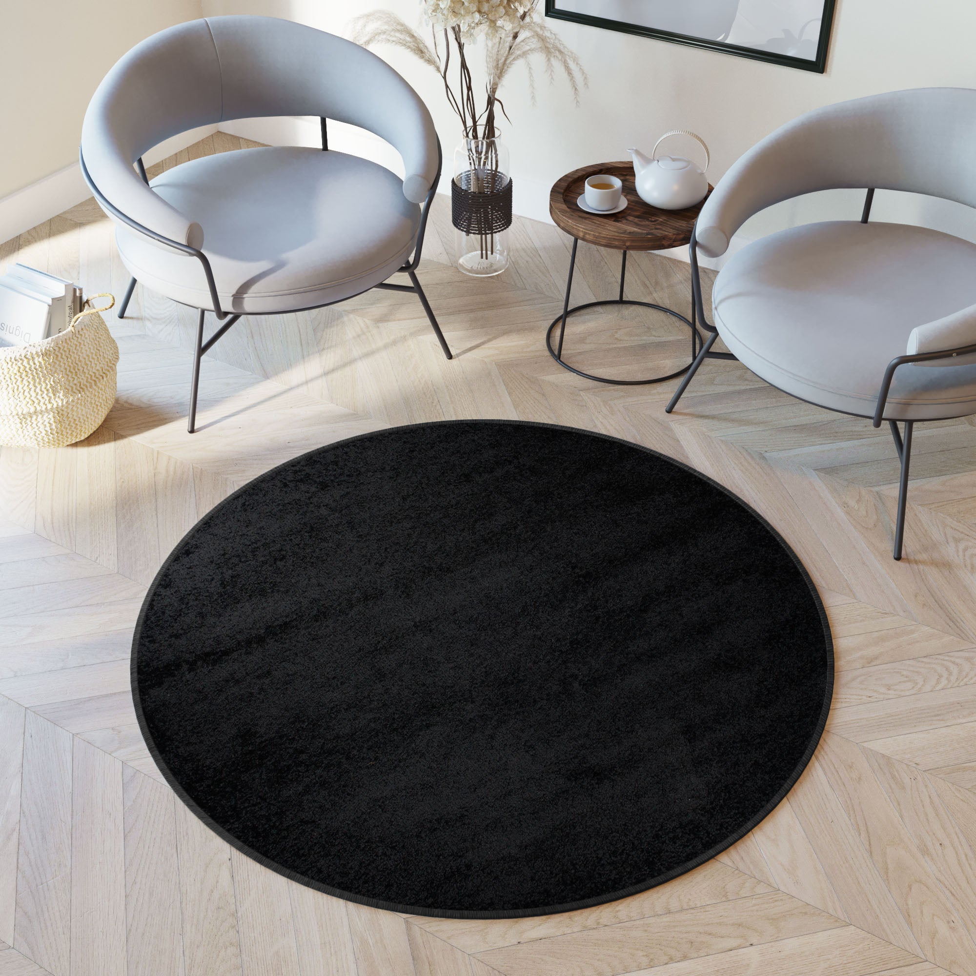 Tapiso Delhi Rond Tapis Salon Descente De Lit Noir Unicolore Moelleux Shaggy Poils Longs X