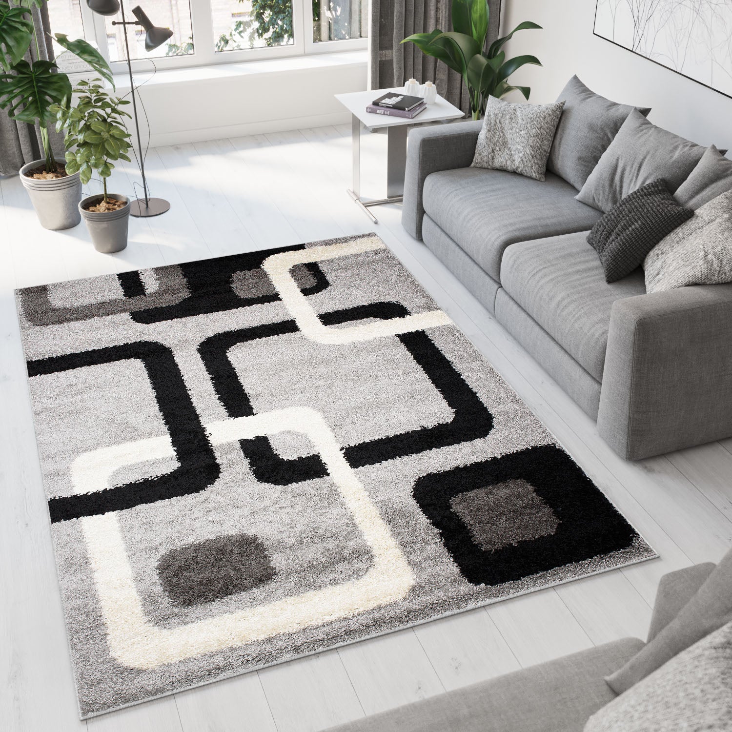 Tapiso delhi alfombra de salón habitación gris negro crema pelo largo shaggy suave 60 x 100 cm