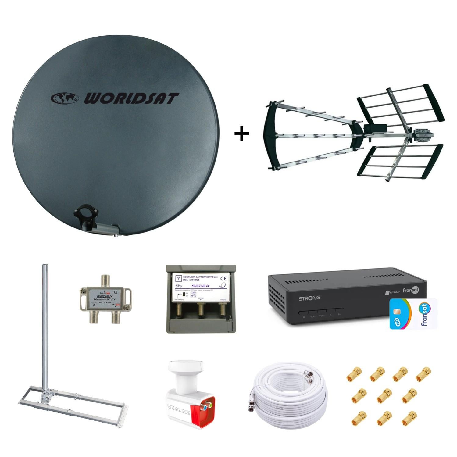 Kit Parabole Fibre 75cm + Antenne TNT + Support Toit + LNB Twin