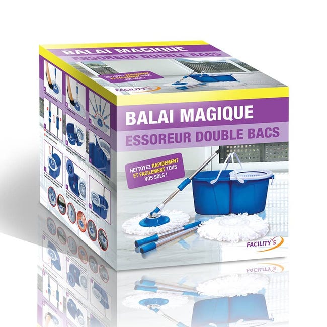 FACILITYS - Balai serpillière microfibre avec seau essoreur bleu double bac