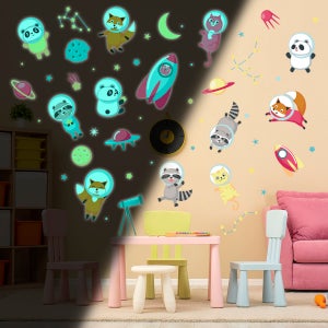 Sticker phosphorescent lumineux - OURSON RÊVEUR ET 50 ÉTOILES - Autocollant  mural plafond enfant fluorescent - 110x130cm