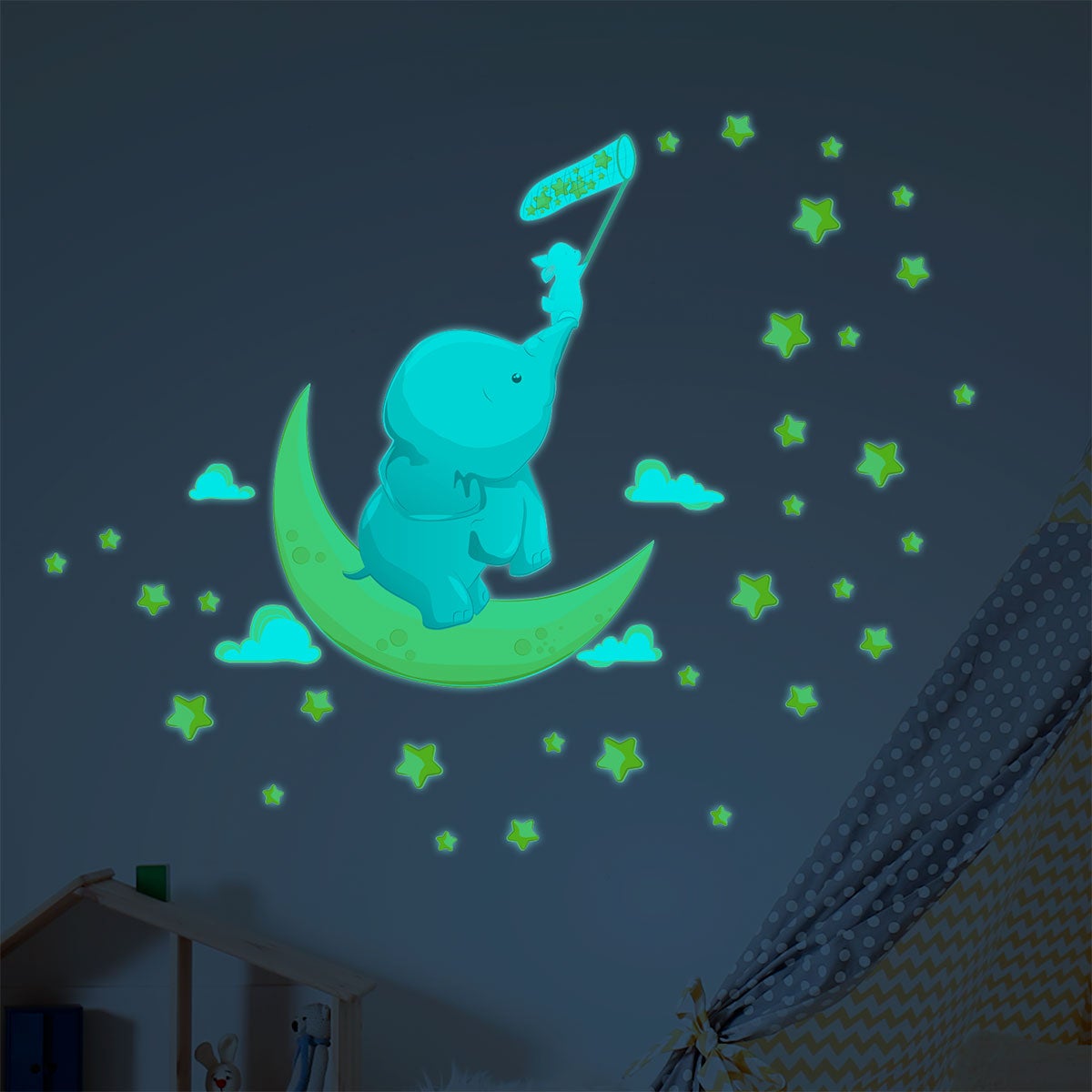 Vinilos fosforescente elefante y conejo atrapan las estrellas + 110 estrellas - adhesivo pared - sticker revestimiento - 40x30cm