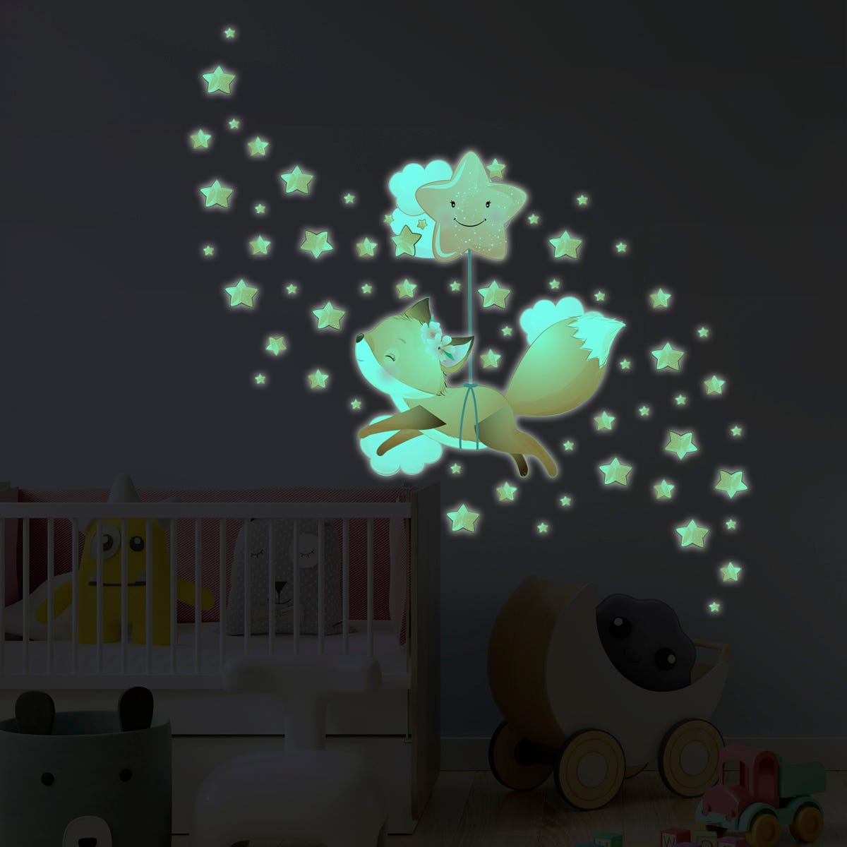 Stickers Muraux Fluorescent Enfants, Lune Étoiles Lapins et Ballons Etoiles  Phosphorescentes Plafond Mural Lumineux Autocollants pour