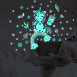 Sticker phosphorescent lumineux chambre enfant - LICORNE ENVOLÉ + 110  ÉTOILES au meilleur prix